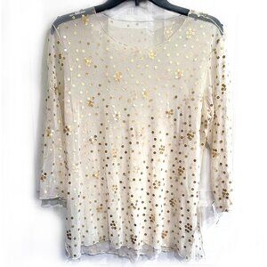 Sheer Ivory Top Embroidered with Gold Sequins Loose-Fitting & Flowing Size XS